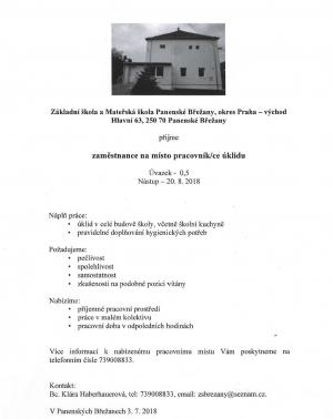 Nabídka práce - pracovník/ce úklidu ve škole